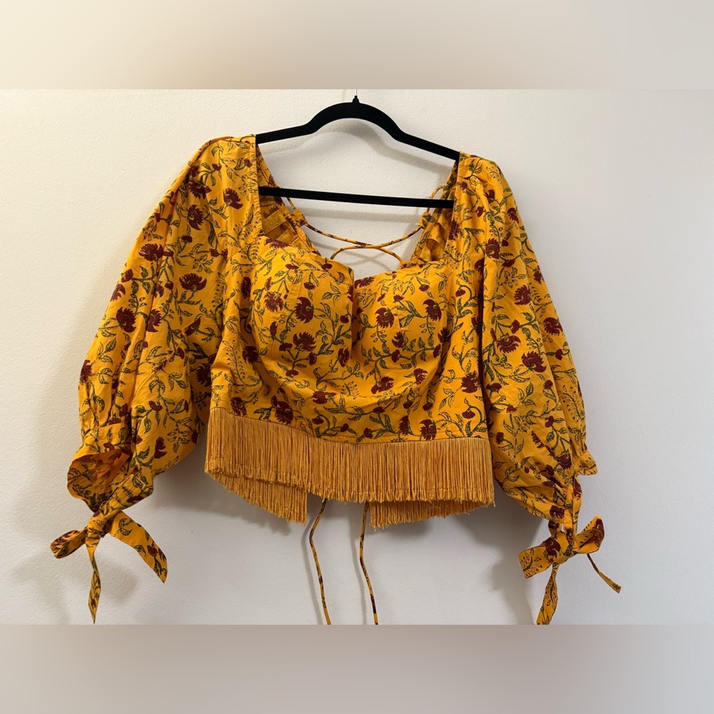 NWT‎ EDDY Payton Puff Sleeve Floral Top with Fringe - L
